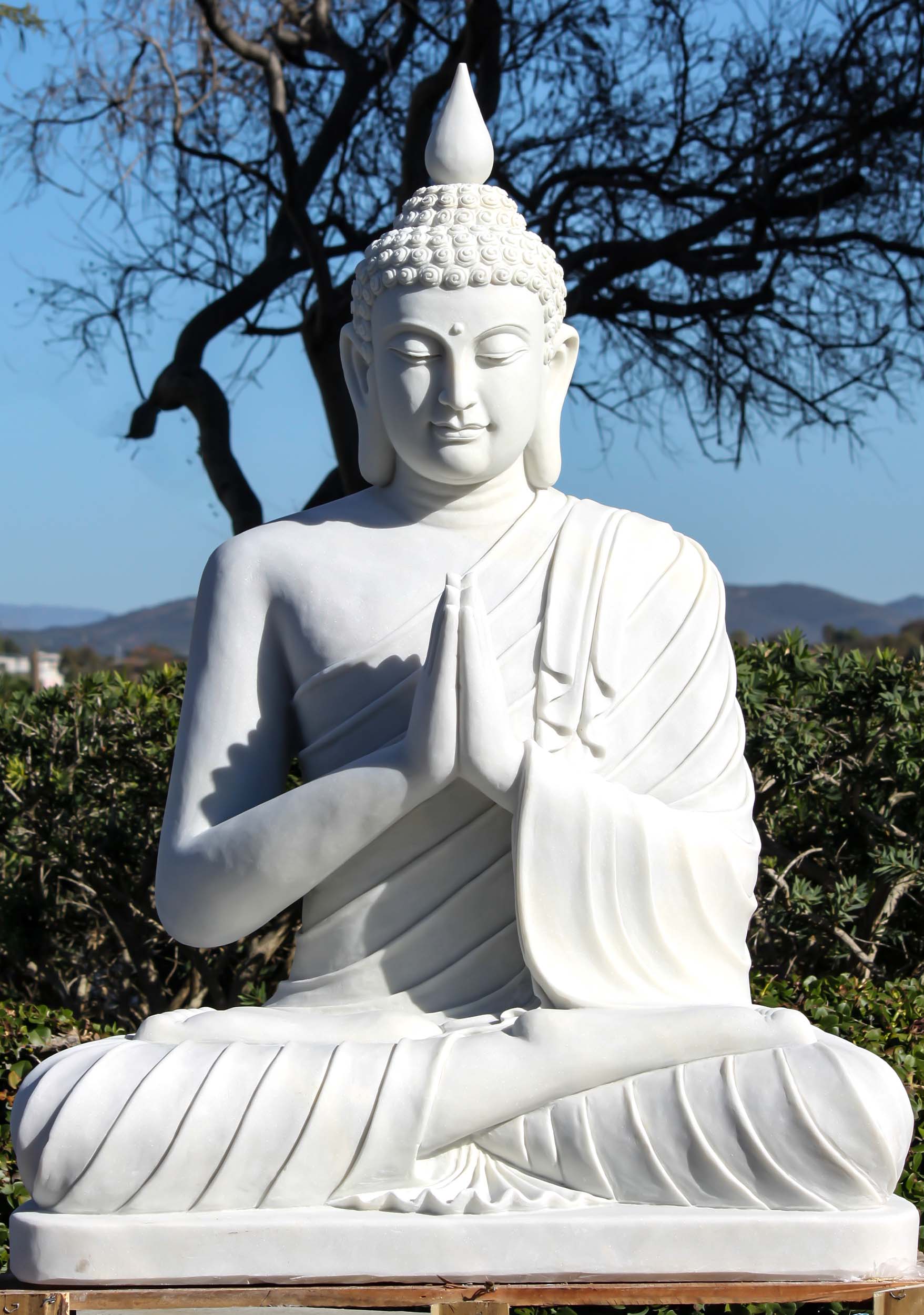 Large White Marble Garden Buddha Sculpture in Anjali Mudra or Namaste Hand Position 55"